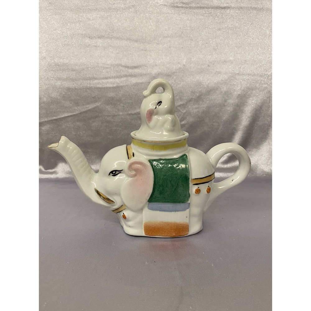 Elephant with Calf Hand Painted Figural Teapot - feng shui Good Luck Trunks Up